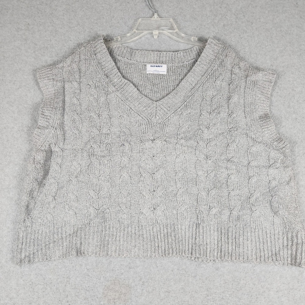 Old Navy Sweater Vest Womens L Gray Cable Knit Sleeveless Relaxed Fit V-Neck